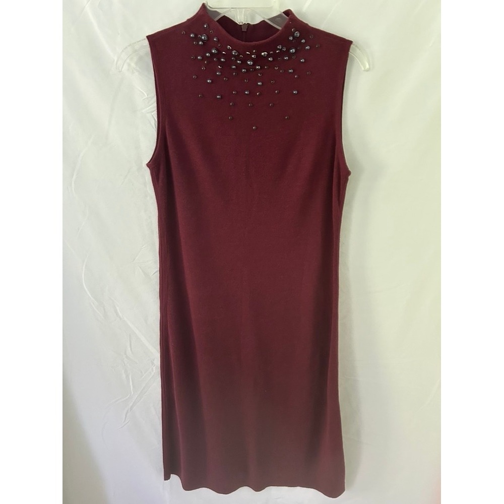 Burgundy Sleeveless Mock Neck Beaded Faux Pearl Knit Sheath Sweater Dress RN
